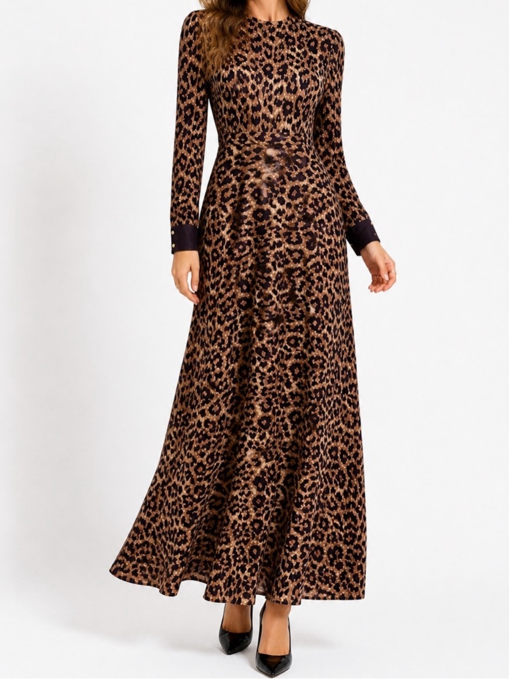 Vintage Leopard Print Maxi Dress Modest Long Sleeve Brown Black